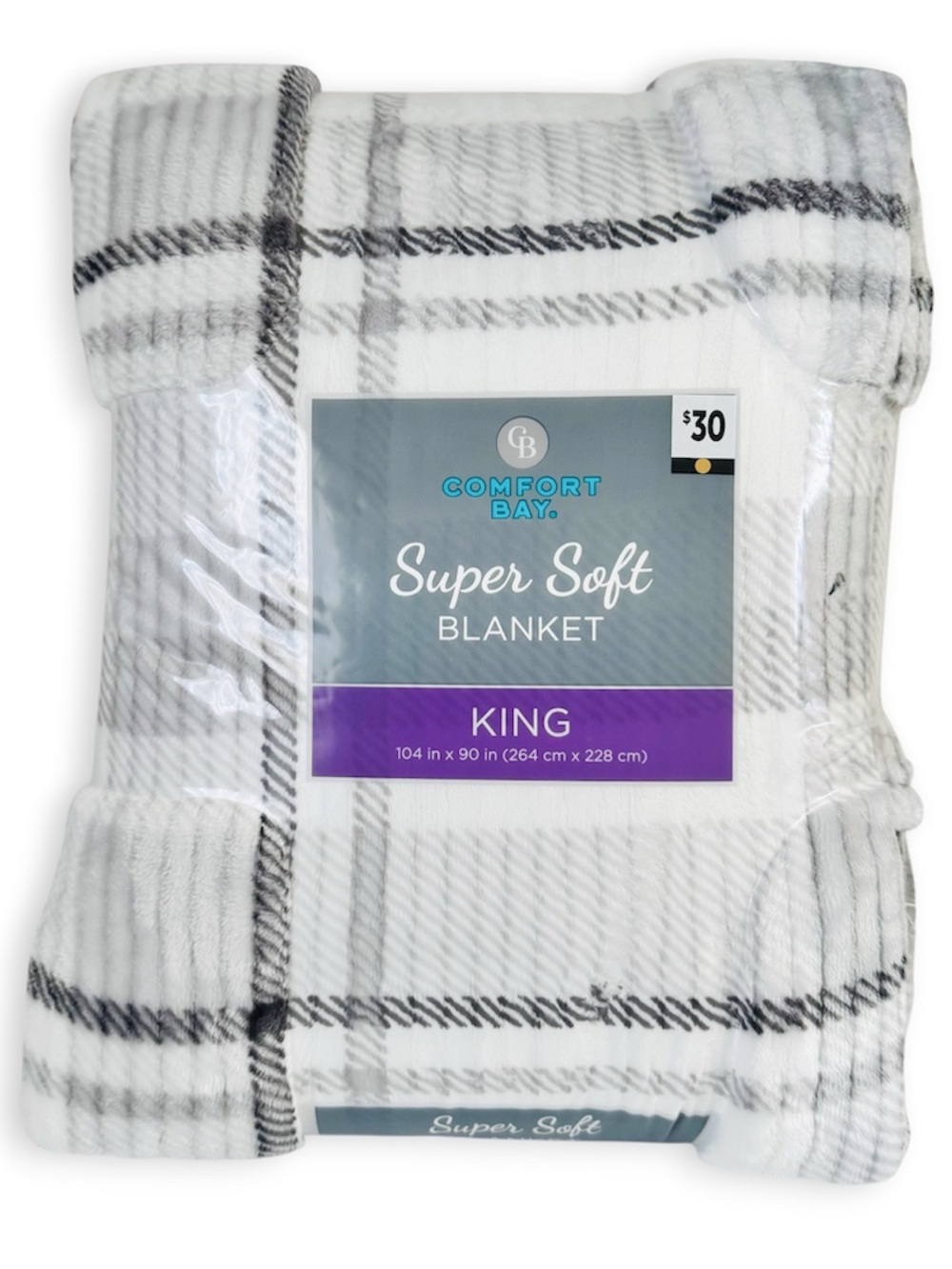 Comfort Bay Plush Plaid King Blanket Super Soft White Gray 104 x 90 NWT
